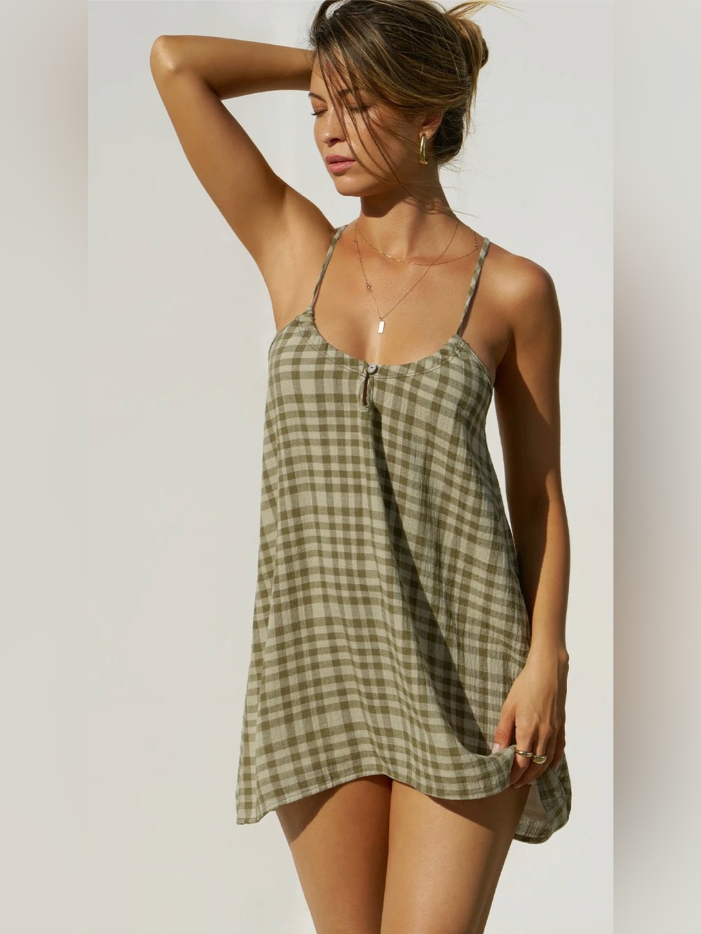 Joah Brown Olive Gingham Slip Dress